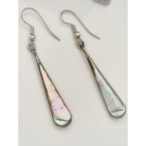 Vintage Alpaca Mexico Abalone Long Drop Earrings